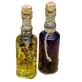 aromatherapy-oil-bottles Two vintage glass bottles filled with yellow and purple essential oils, sealed with corks and rustic twine