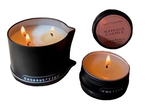 Scented aromatherapy and massage candles in black containers at DLUX Health & Beauty Centre