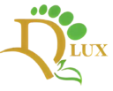 DLUX Health & Beauty Centre logo with gold lettering and green leaf and footprint design