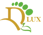 DLUX Health & Beauty Centre logo with gold lettering and green leaf and footprint design